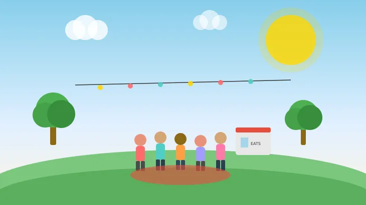 Colorful illustration of people gathered at an outdoor summer community event with string lights, food booth, and trees